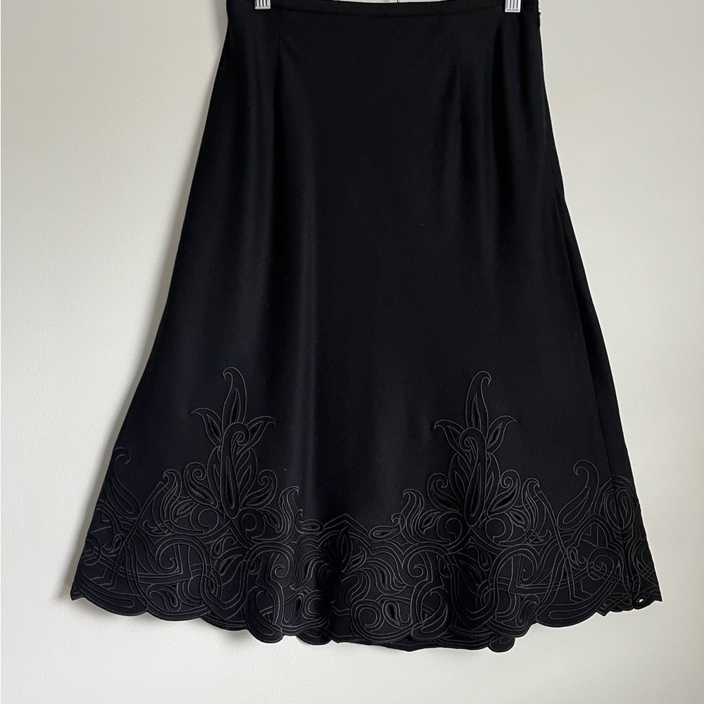 New Talbots Women’s Black Wool Blend Embroidery Hem A line Lined Wool Skirt 2